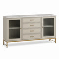 Sideboard 160 × 40 × 85 cm Creme mit Riffelglas, Oberplatte in Steinoptik und goldfarbenem Metallgestell