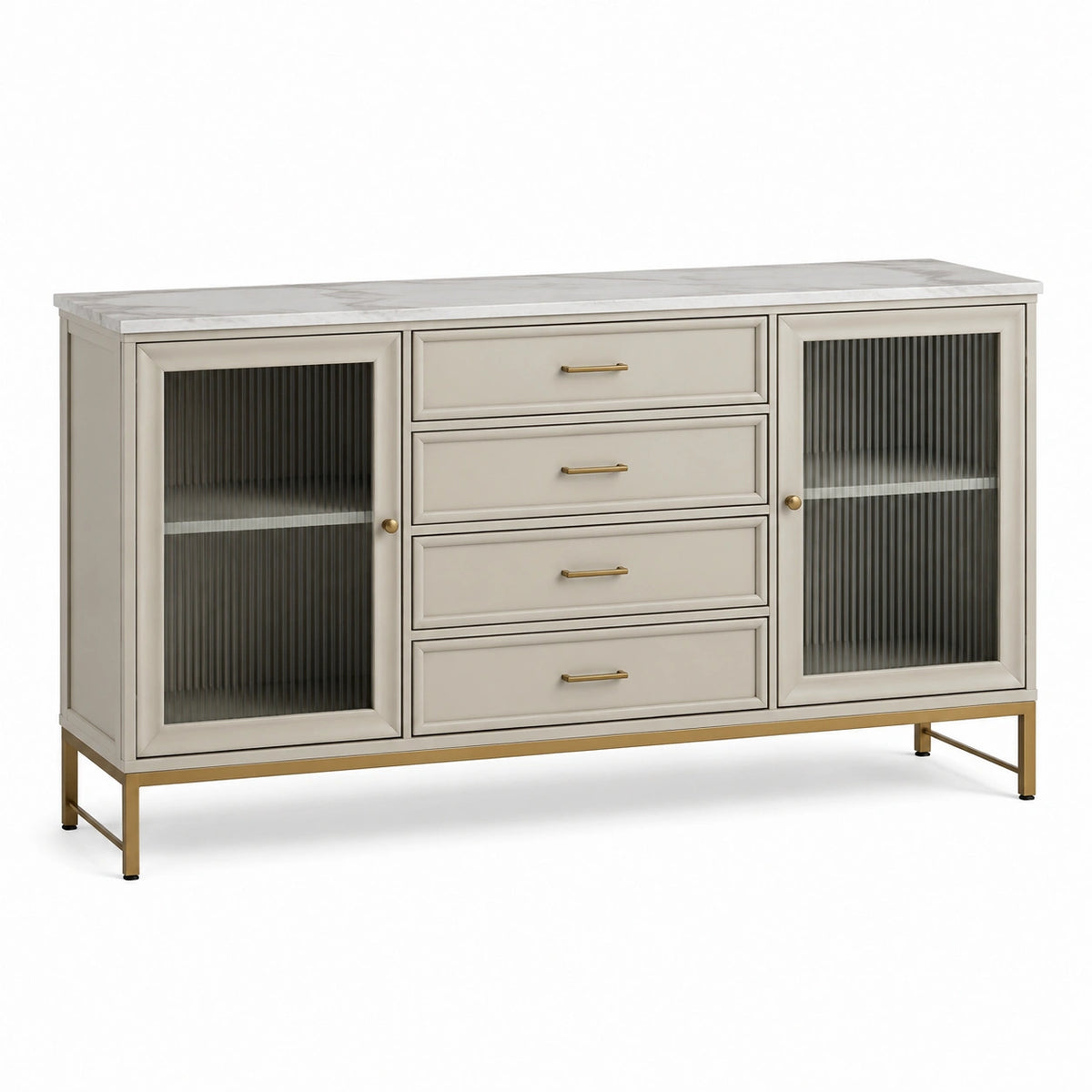 Sideboard 160 × 40 × 85 cm Creme mit Riffelglas, Oberplatte in Steinoptik und goldfarbenem Metallgestell