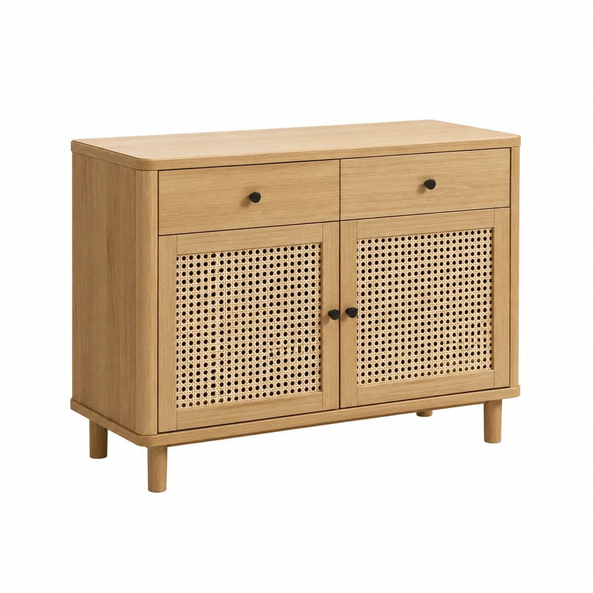 Retro-Sideboard 100 x 40 x 85 cm mit 2 Schubladen und Rattantüren, Natur/Schwarz