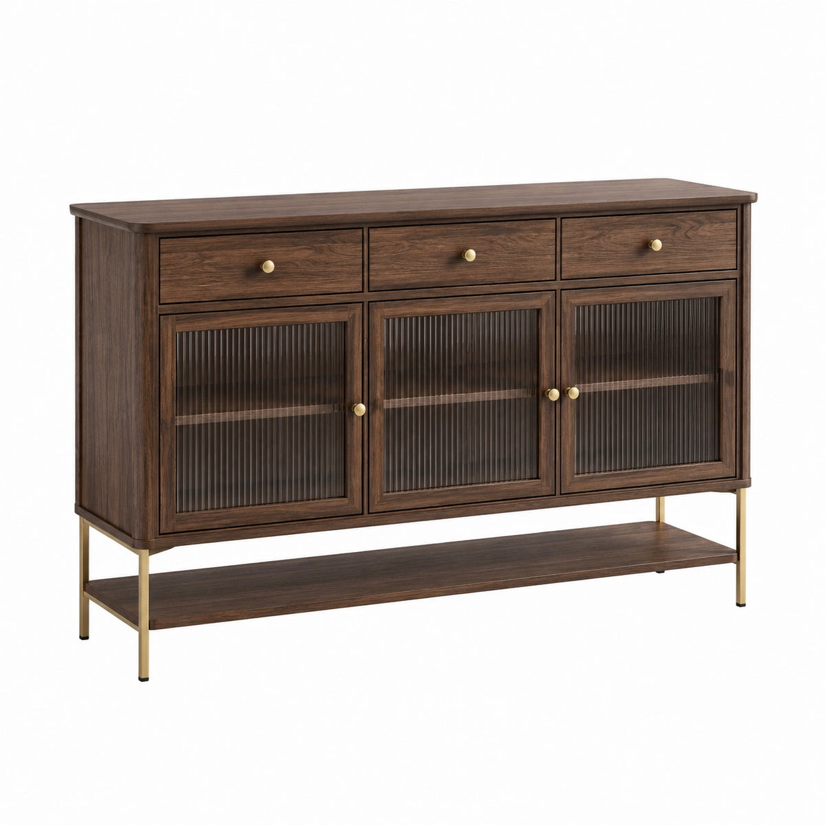 Sideboard im Mid-Century-Stil, 160 × 40 × 90 cm, Holzwerkstoff mit geriffeltem Glas, Braun/Gold