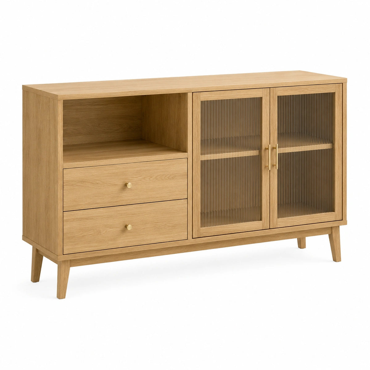 Sideboard 140 × 40 × 85 cm in Eichenoptik mit Riffelglas, 2 Schubladen und 2 Türen