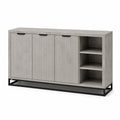 Modernes Sideboard in Grau/Schwarz mit 3 geriffelten Türen, offenen Fächern und Metallgestell, 160 × 40 × 85 cm