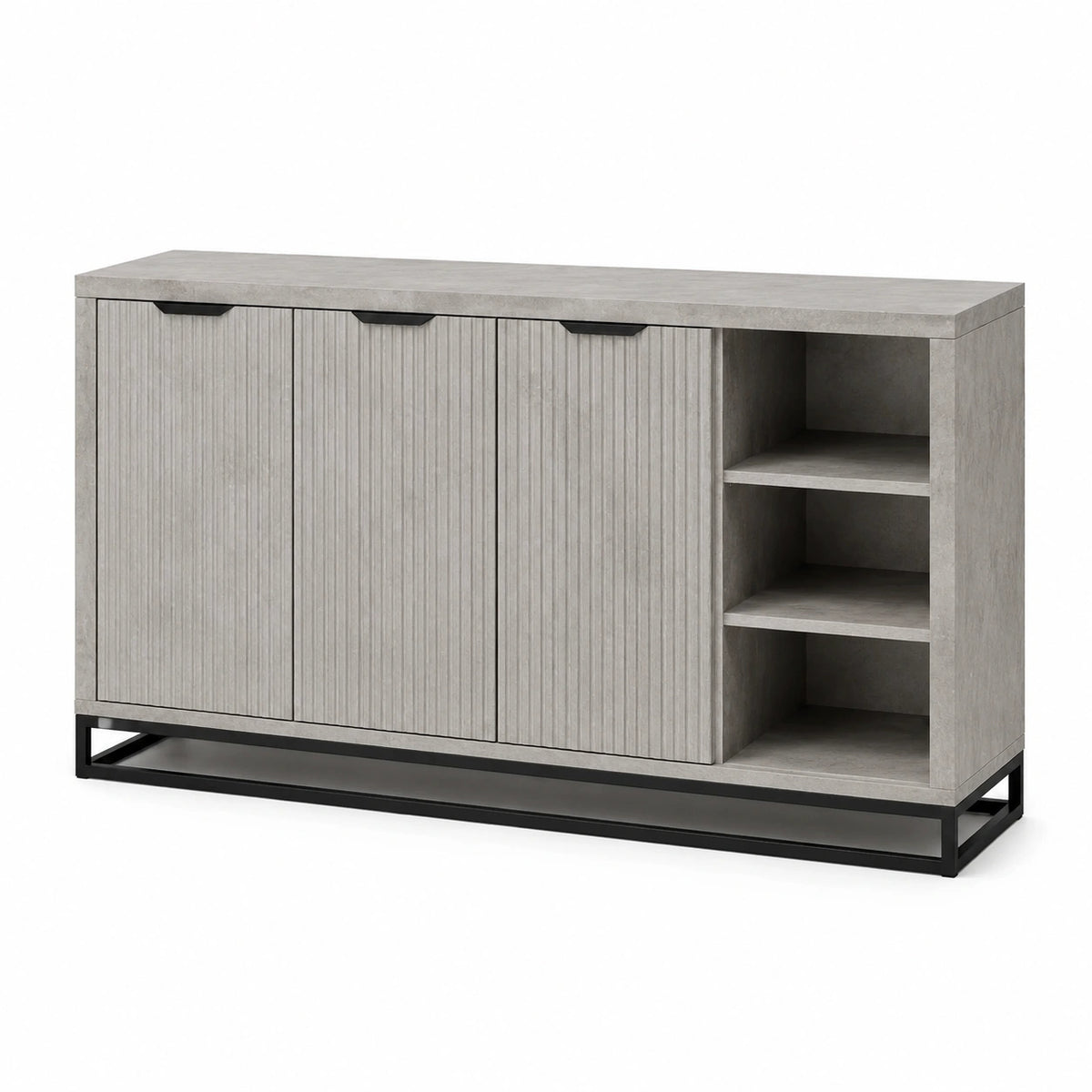 Modernes Sideboard in Grau/Schwarz mit 3 geriffelten Türen, offenen Fächern und Metallgestell, 160 × 40 × 85 cm