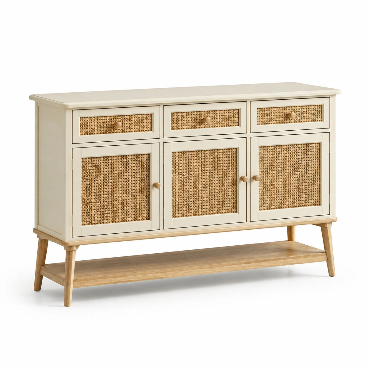 Sideboard aus Holz und Rattan im Landhausstil, 140 × 40 × 90 cm, Creme/Natur