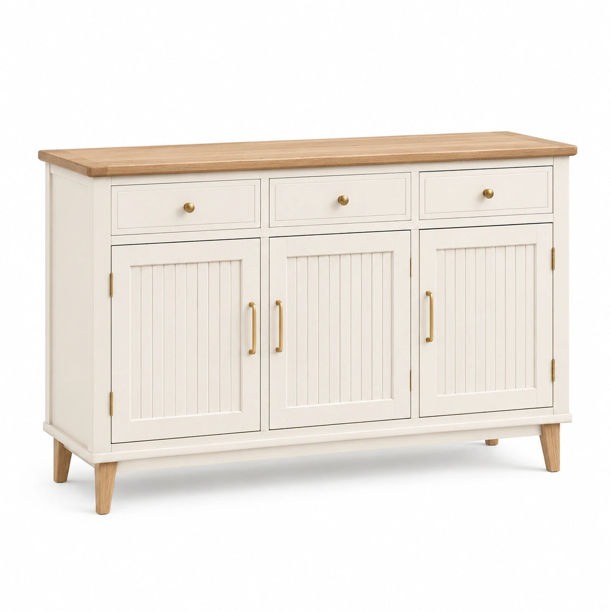 Sideboard 140 × 40 × 90 cm in Weiß mit Naturholzplatte und goldfarbenen Griffen