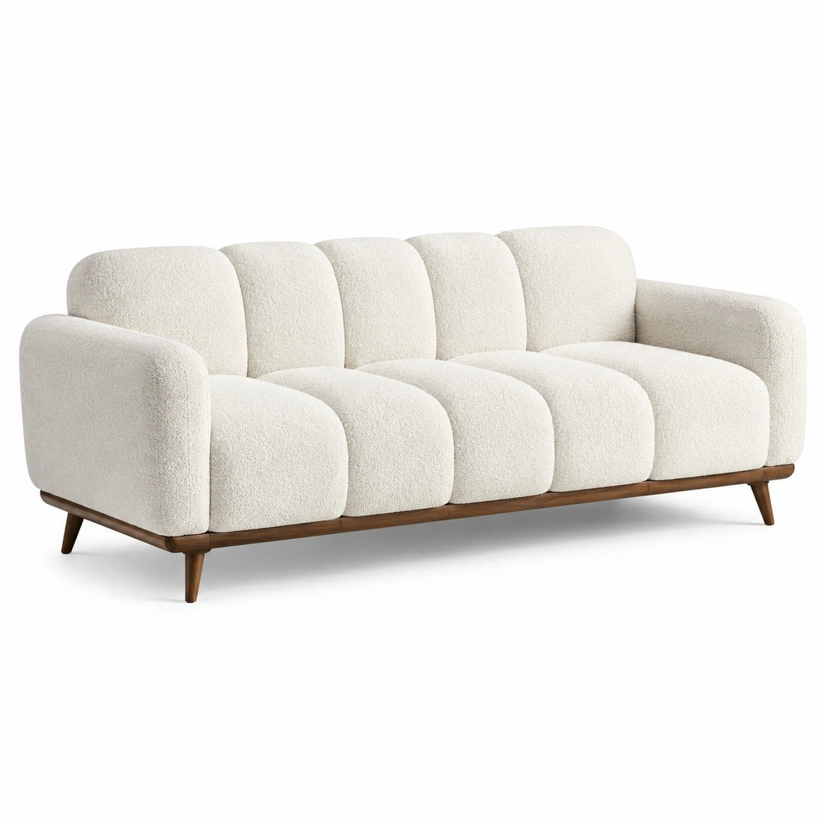 3-Sitzer-Sofa aus Boucléstoff in Creme mit braunem Holzgestell, 220 x 90 x 85 cm