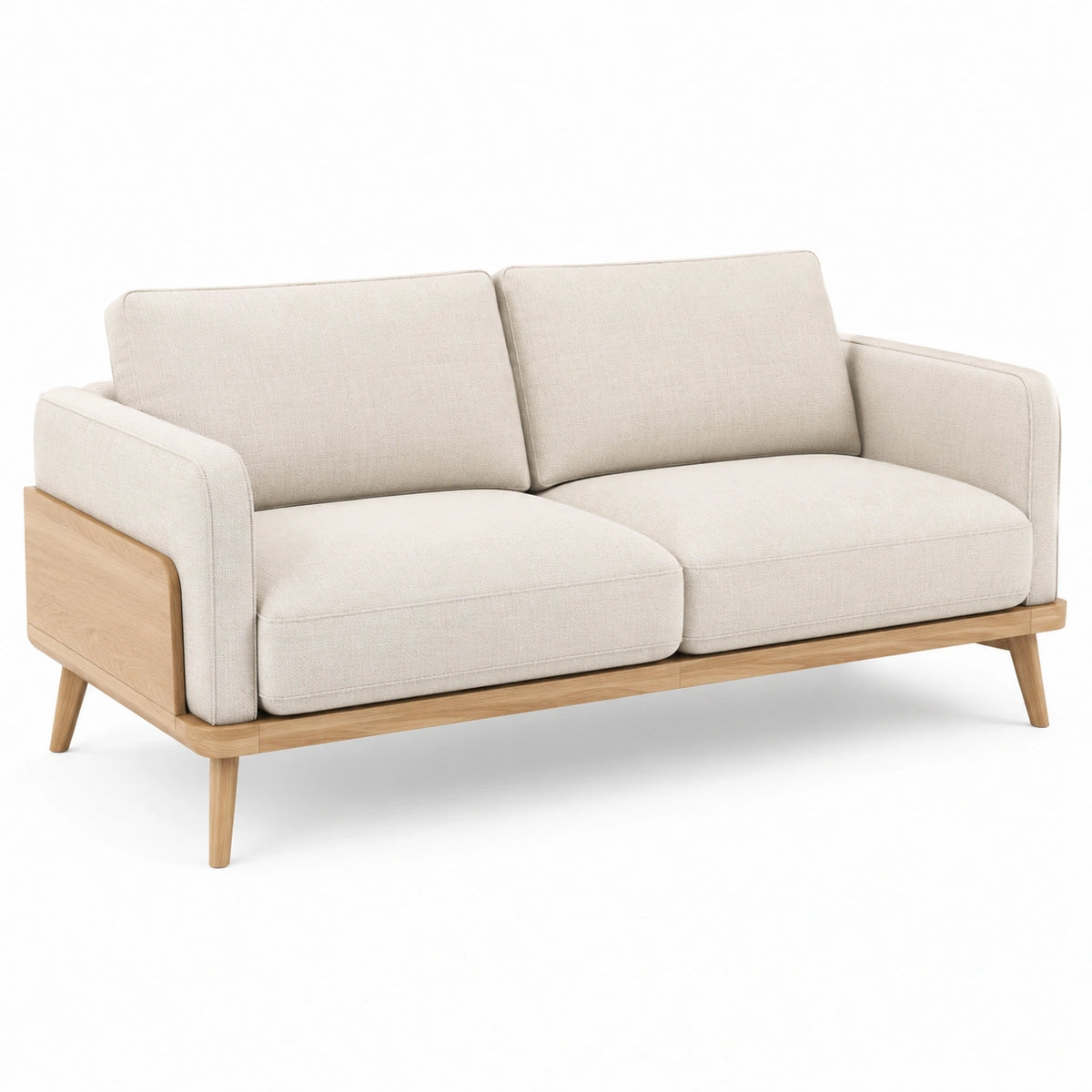 Zweisitzer-Sofa 160 × 85 × 80 cm mit beigem Stoffbezug und Holzgestell in Naturholz