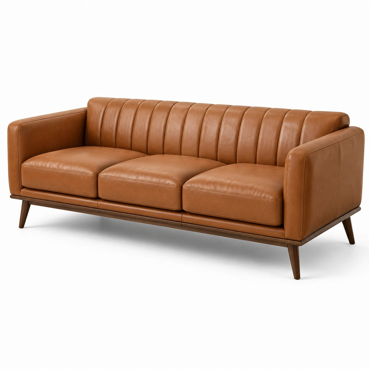 Dreisitzer-Sofa 220 × 90 × 82 cm in Cognacbraun mit Lederoptik und dunkelbraunem Holzgestell im Mid-Century-Stil