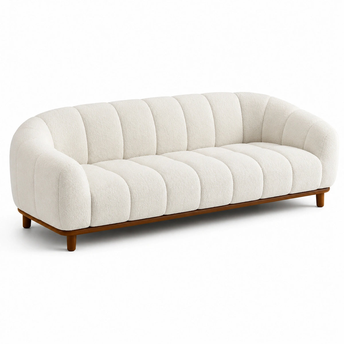3-Sitzer-Sofa aus Bouclé-Textil, 220 × 90 × 75 cm, Creme mit braunem Holzgestell