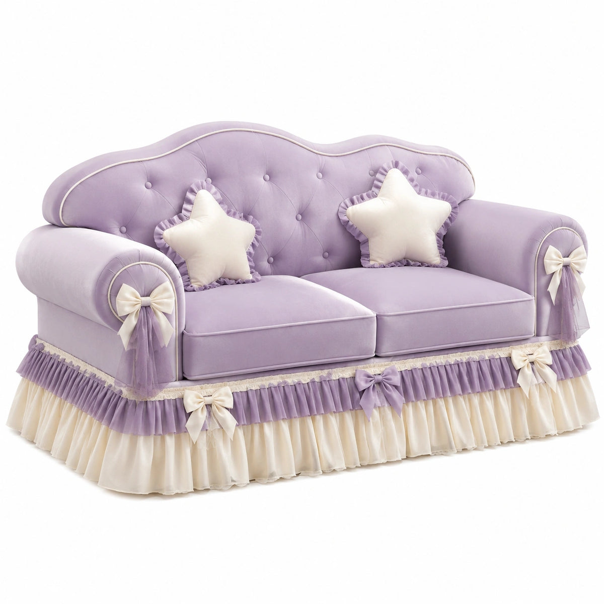 2-Sitzer-Sofa in Samtoptik mit Rüschen und Schleifen, 180 × 85 × 95 cm, Flieder/Cremeweiß
