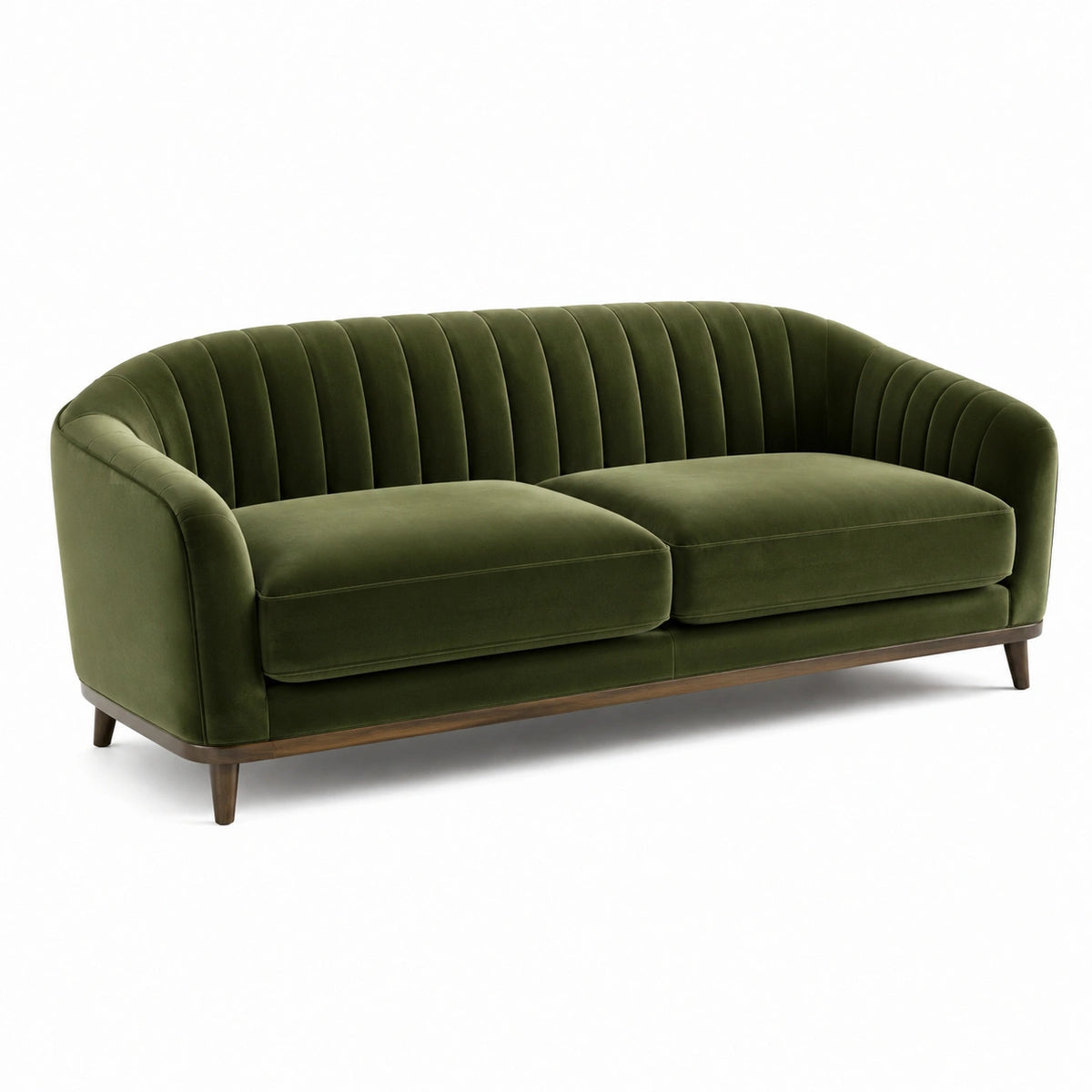 Retro-Sofa für 2 Personen, 180 × 85 × 78 cm, Samt in Olivgrün mit braunen Holzfüßen