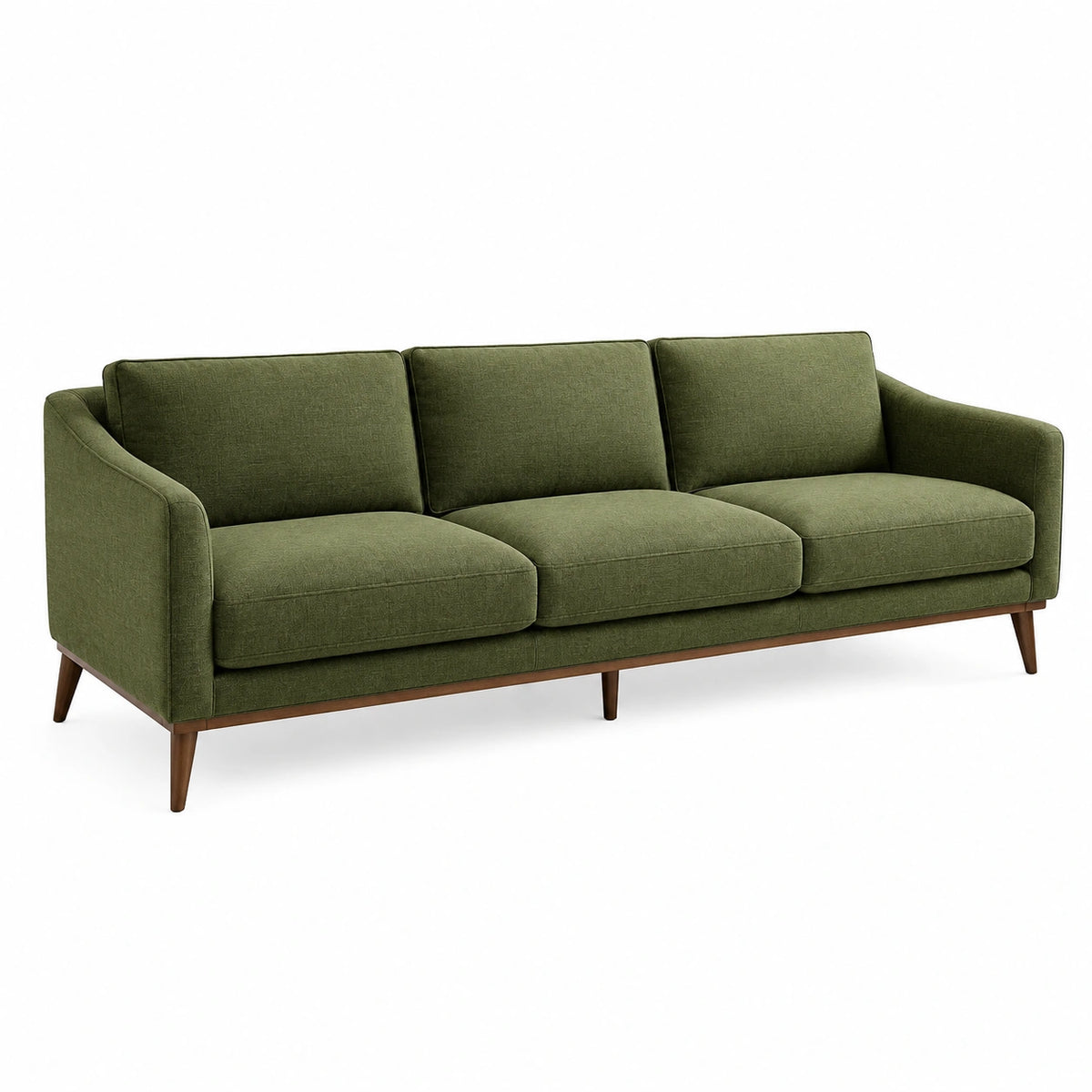 3-Sitzer-Sofa 210 × 85 × 85 cm in Olivgrün mit braunen Holzfüßen im Mid-Century-Stil