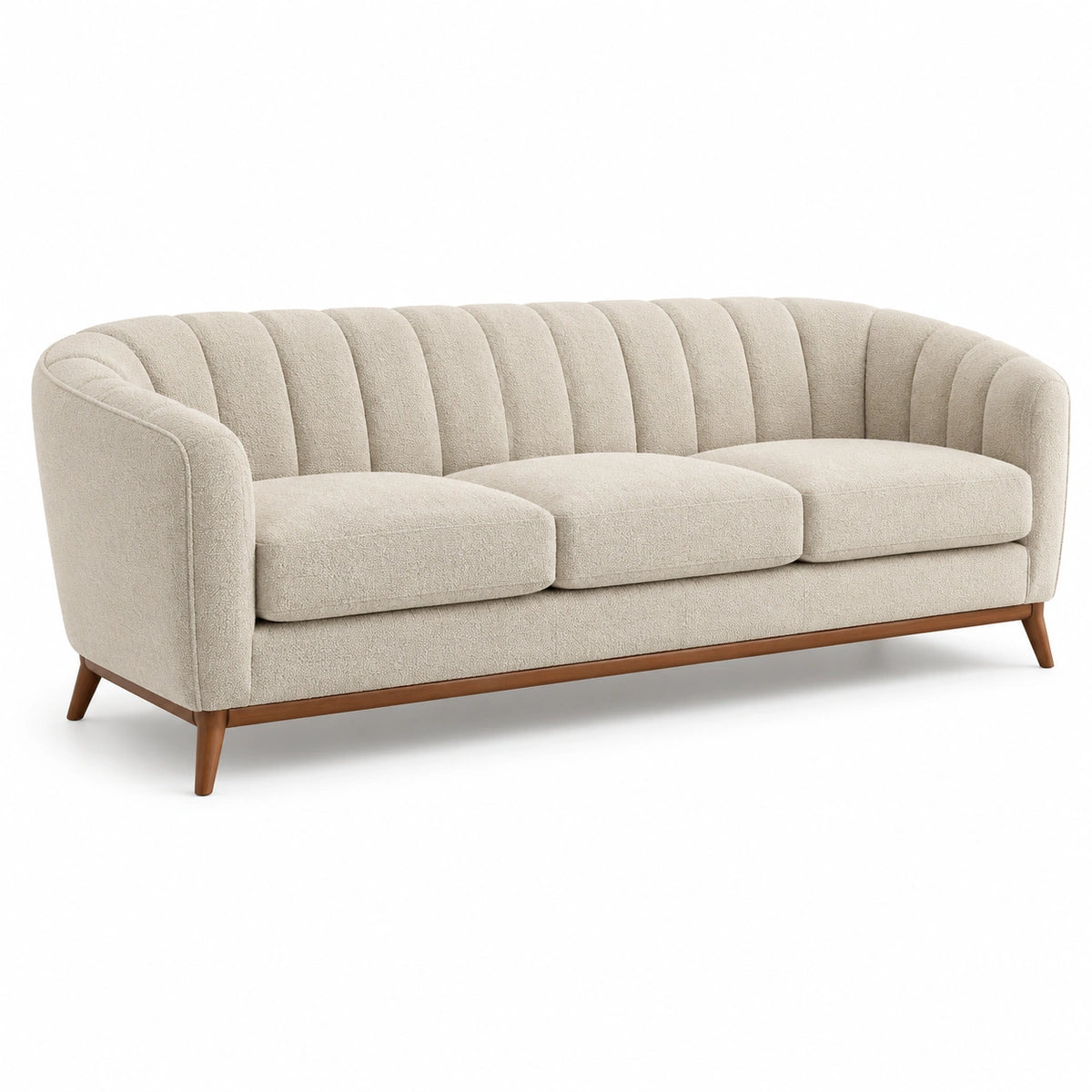 3-Sitzer-Sofa 220 × 90 × 78 cm in Creme und Braun mit Bouclébezug und Holzfüßen im Retro-Stil