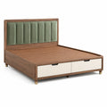 Stauraumbett für Matratzen 160 × 200 cm, 210 × 170 × 110 cm, Braun/Grün/Creme/Gold, gepolstertes Kopfteil und 2 Schubladen
