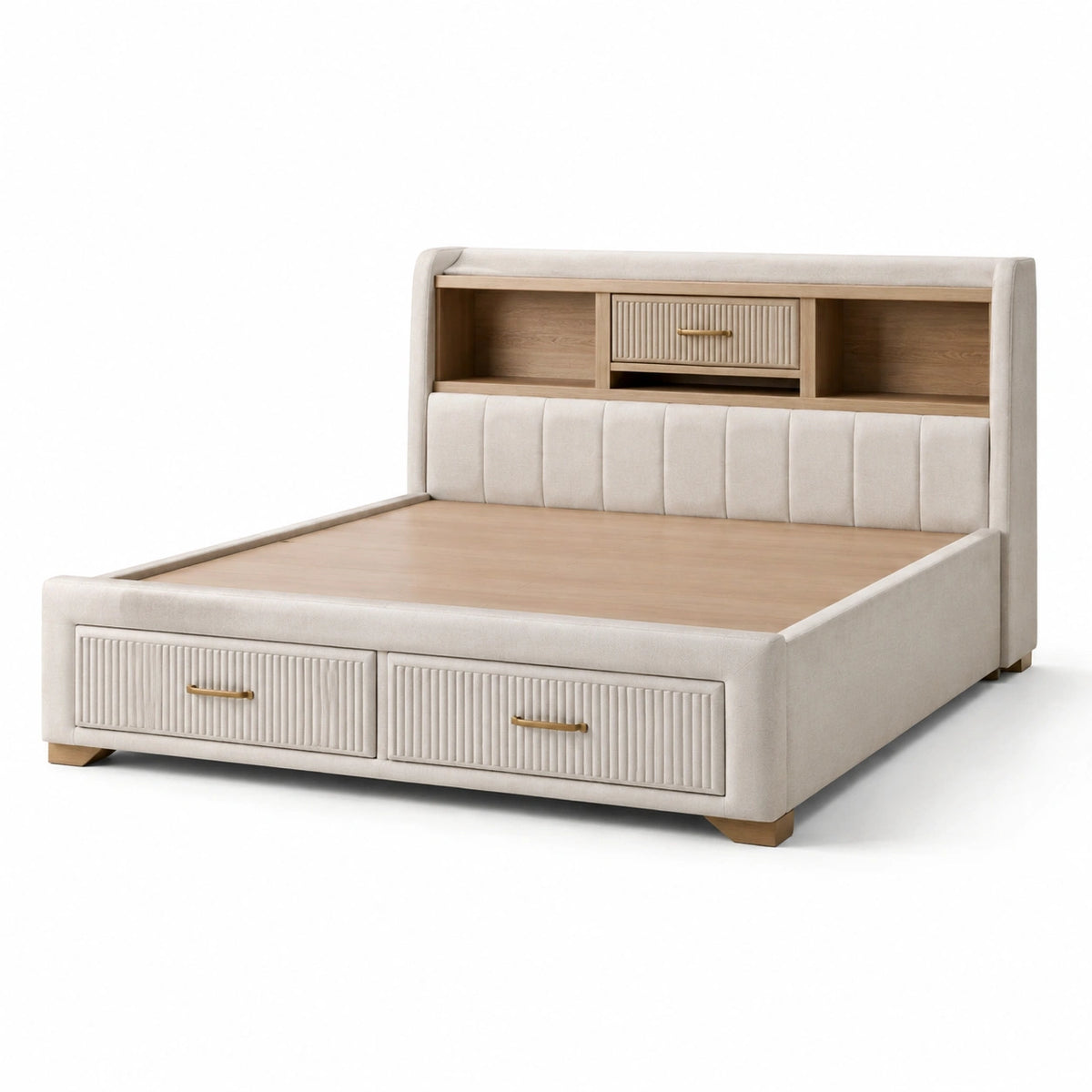 Polsterbett 160 × 200 cm mit Stauraum in Beige, Holzfarben und Goldfarben, 220 × 170 × 150 cm