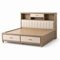 Doppelbett 180 × 200 cm in Braun-Beige mit gepolstertem Kopfteil, Stauraum und Schubladen, 225 × 200 × 150 cm
