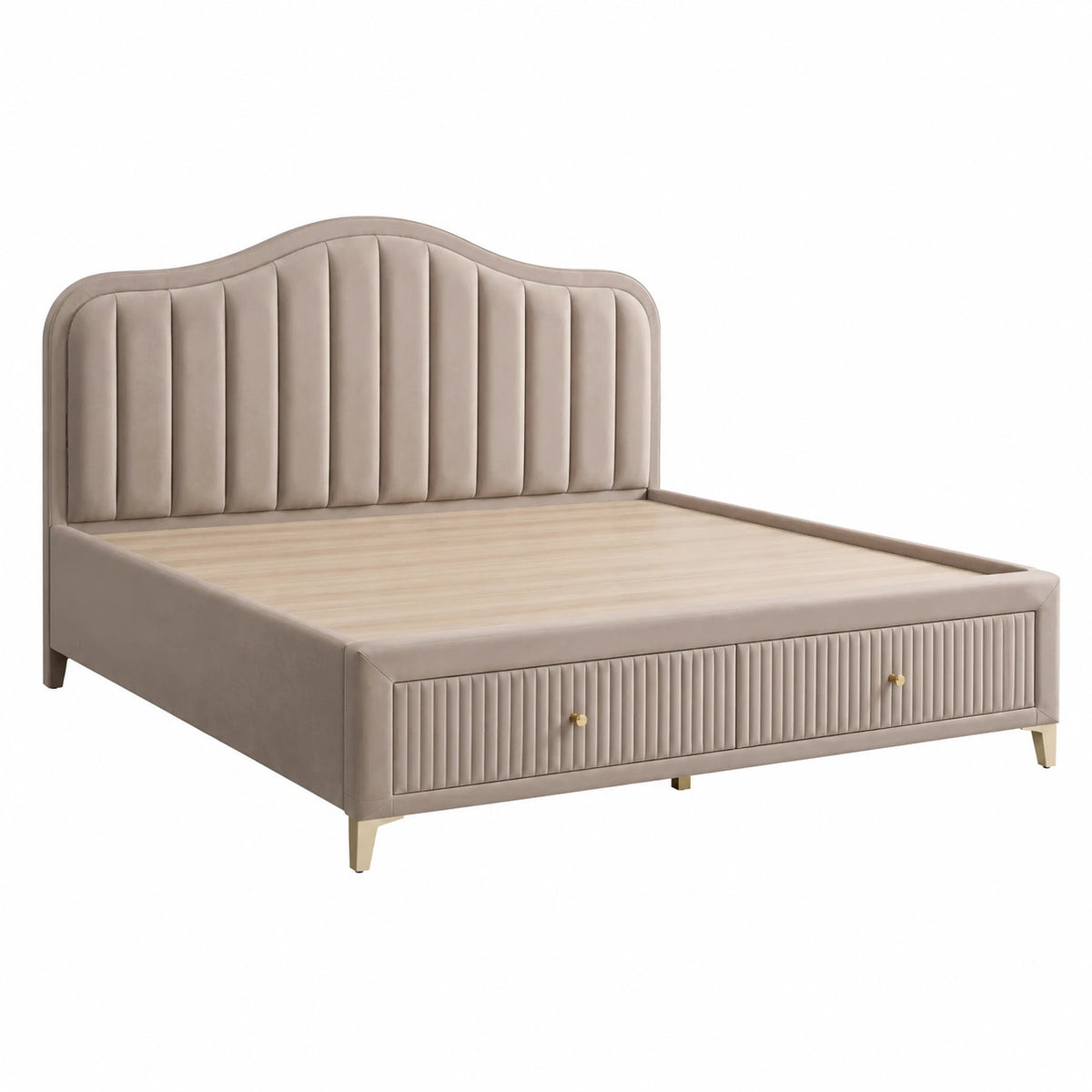 Polsterbett 160 × 200 cm in Taupe mit Samtbezug, gepolstertem Kopfteil und 2 Schubladen