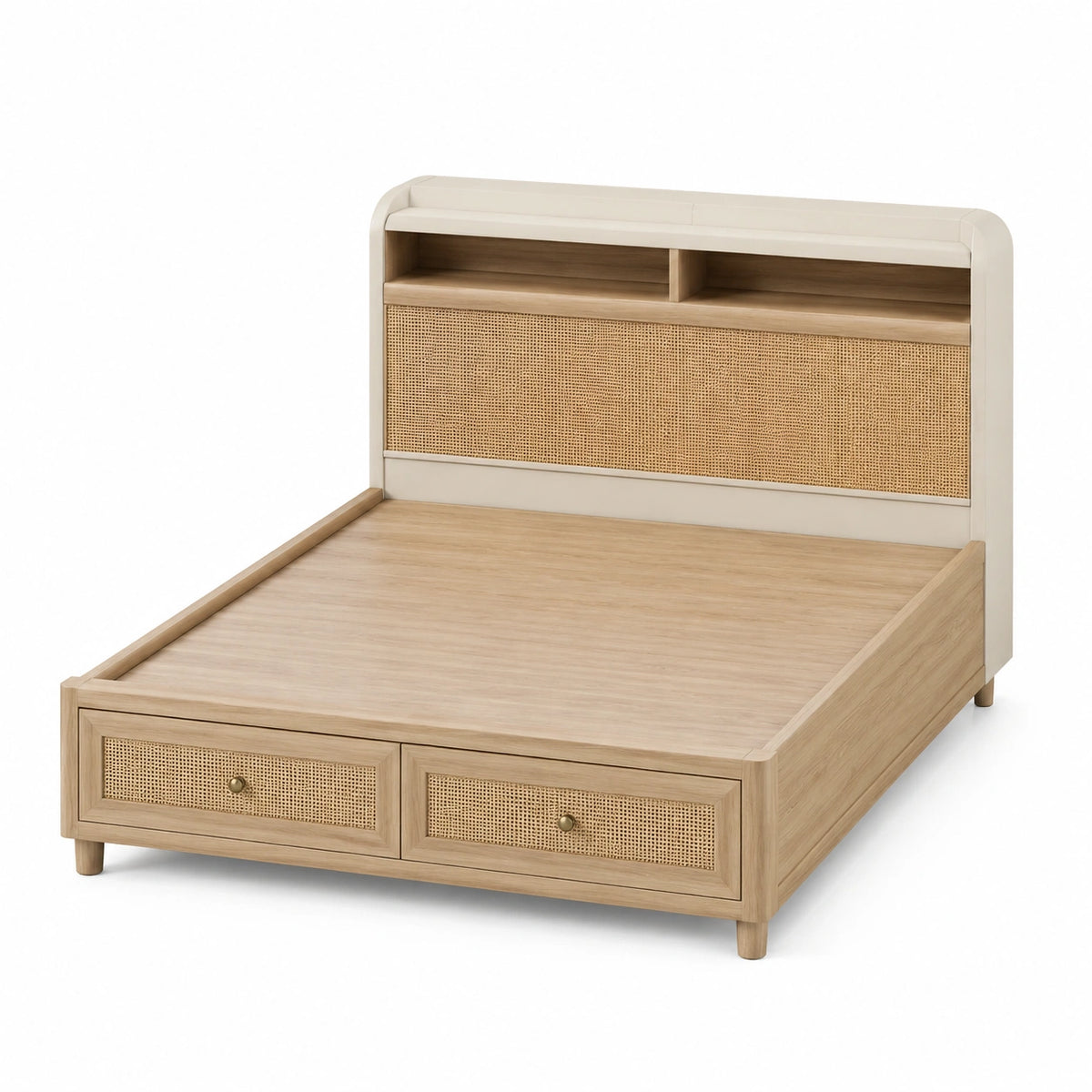 Bettgestell in Beige und Naturholz mit Rattangeflecht, 2 Schubladen und Ablagefächern, Liegefläche 160 × 200 cm, 214 × 170 × 120 cm