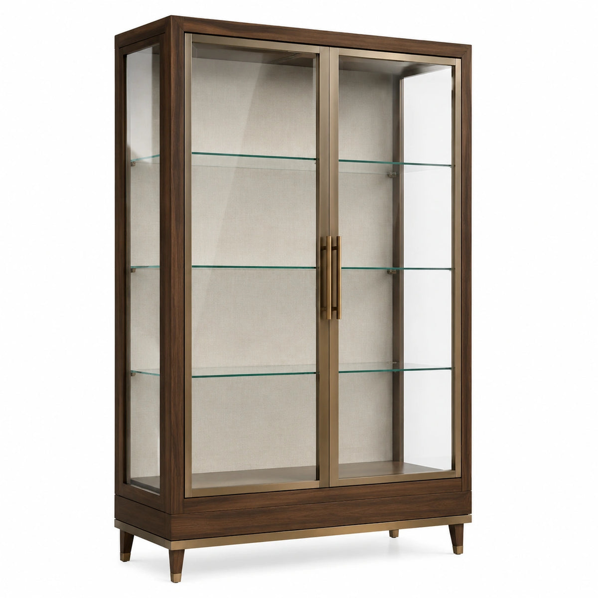Klassische Vitrine aus Holz, Glas und Metall, Dunkelbraun/Gold/Transparent, 100 x 45 x 200 cm, 2 Glastüren