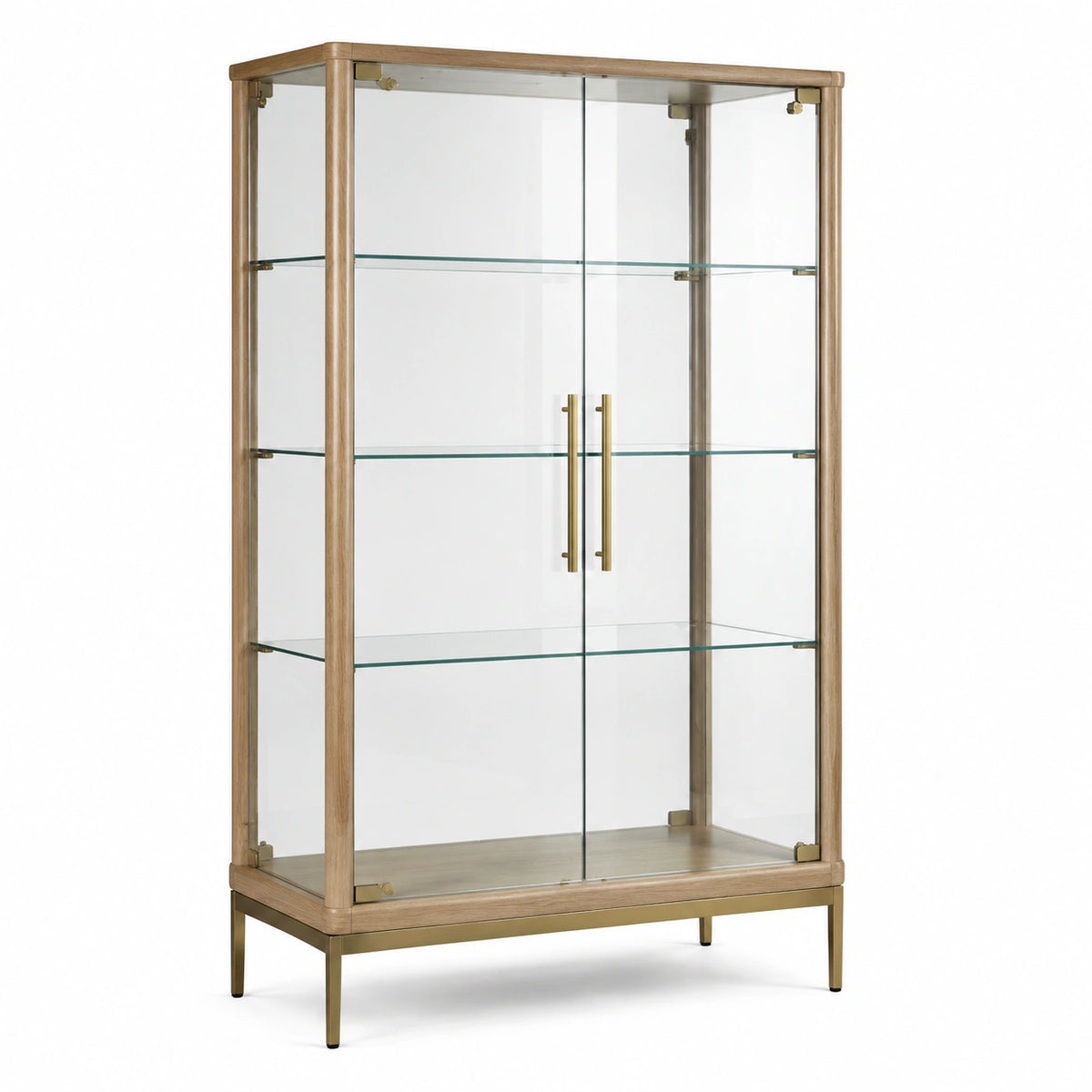 Holz- und Glasrahmen mit Metallakzenten, 100 × 45 × 180 cm, Natur/Gold/Transparent, 2 Glastüren