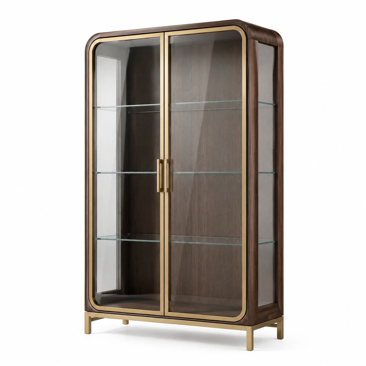 Vitrine 100 × 45 × 200 cm aus Holz, Glas und Metall in Dunkelbraun, Gold und Transparent mit 2 Glastüren