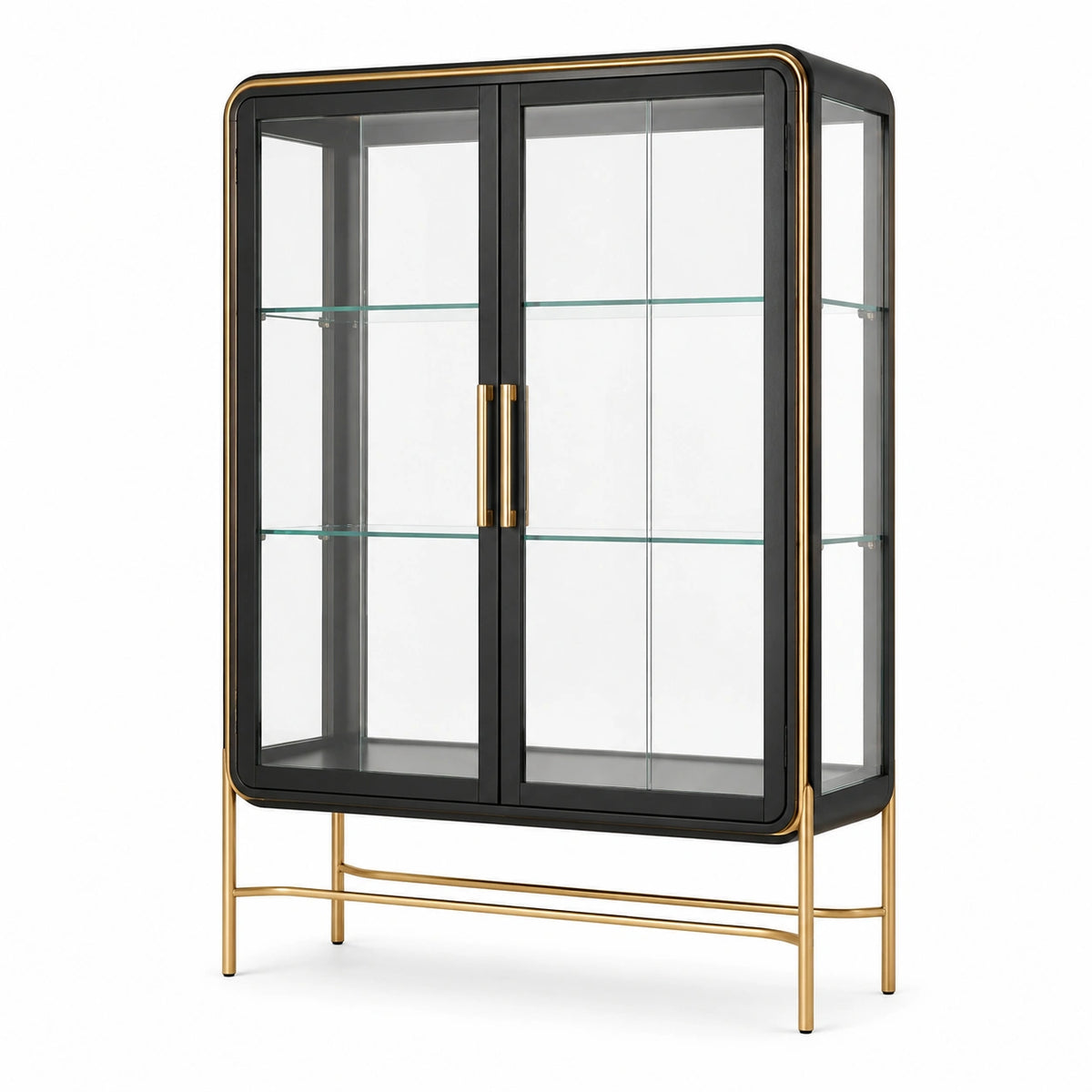 Glasvitrine 100 × 40 × 180 cm mit 2 Glastüren und 3 Glasböden, Schwarz/Gold