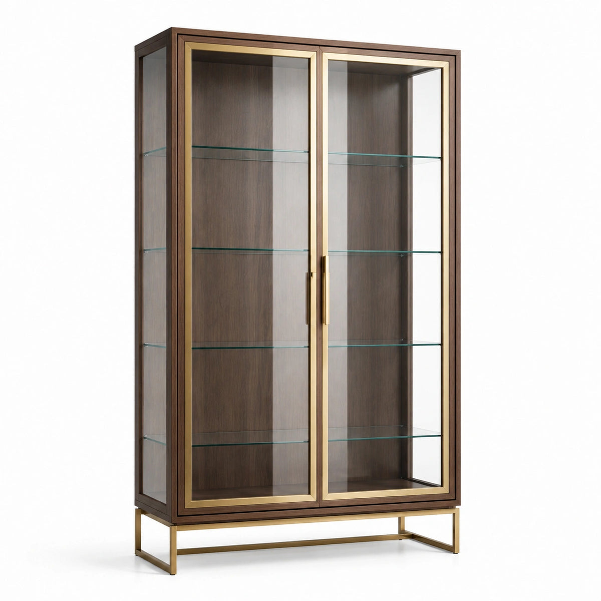 Vitrine 100 × 40 × 190 cm aus Holzwerkstoff, Glas und Metall in Braun, Gold und Transparent