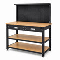 Arbeitsstation aus Stahl und Bambus, 120 × 60 × 160 cm, mit Lochwand, 2 Schubladen und Ablagen, Schwarz/Natur
