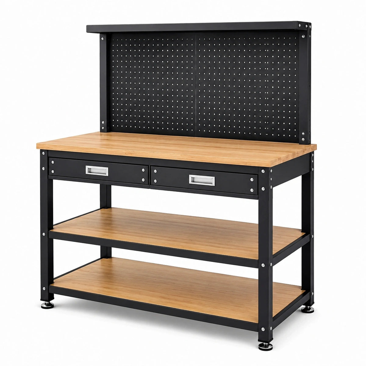 Arbeitsstation aus Stahl und Bambus, 120 × 60 × 160 cm, mit Lochwand, 2 Schubladen und Ablagen, Schwarz/Natur