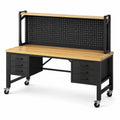 Mobile Werkbank 160 x 60 x 150 cm mit Lochwand, 6 Schubladen und Rollen, Schwarz/Natur