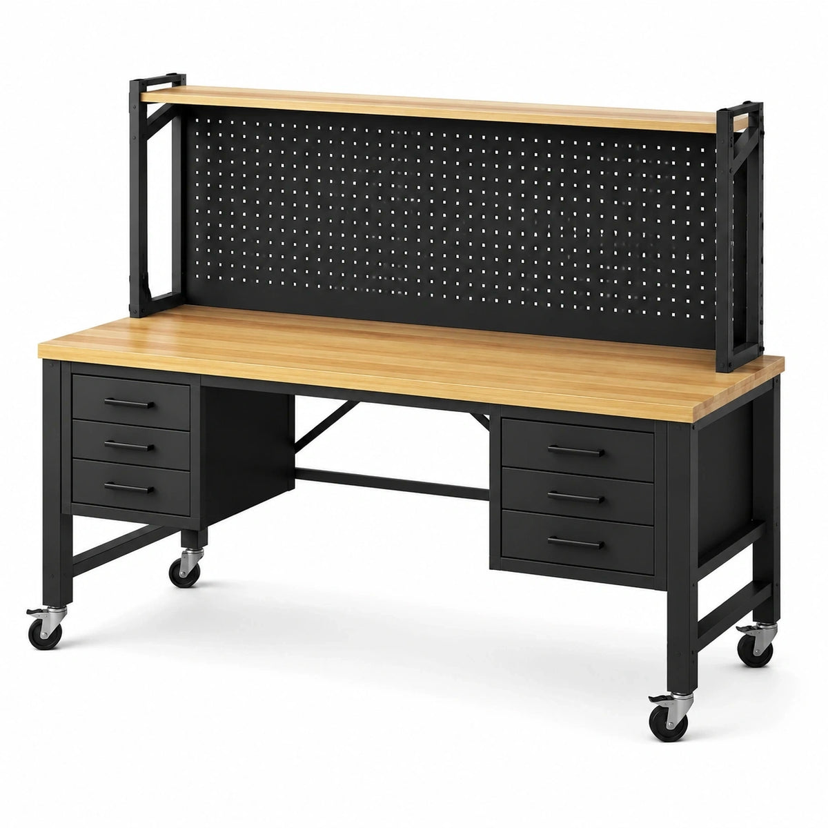 Mobile Werkbank 160 x 60 x 150 cm mit Lochwand, 6 Schubladen und Rollen, Schwarz/Natur
