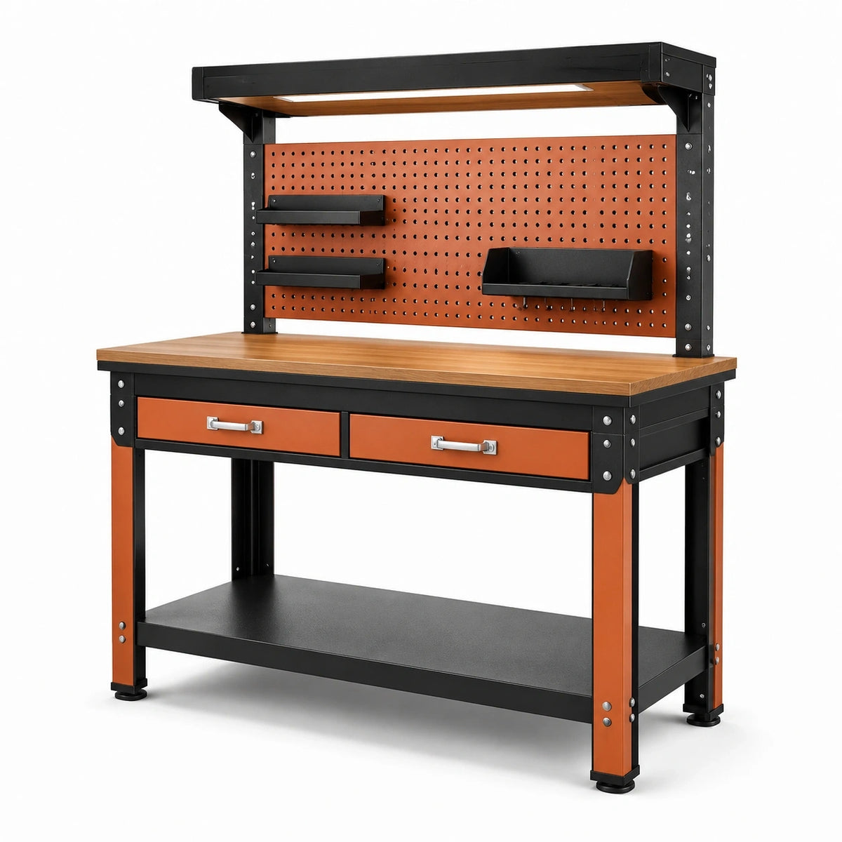 Industrielle Arbeitsstation aus Stahl und Holzwerkstoff, 120 × 60 × 190 cm, mit Lochwand, Leuchte, 2 Schubladen und Ablage, Braun/Schwarz/Orange