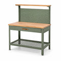 Werkbank aus Stahl und Holz, 120 × 60 × 160 cm, Olivgrün/Naturholz/Braun, mit Lochwand, Schublade und Ablagen