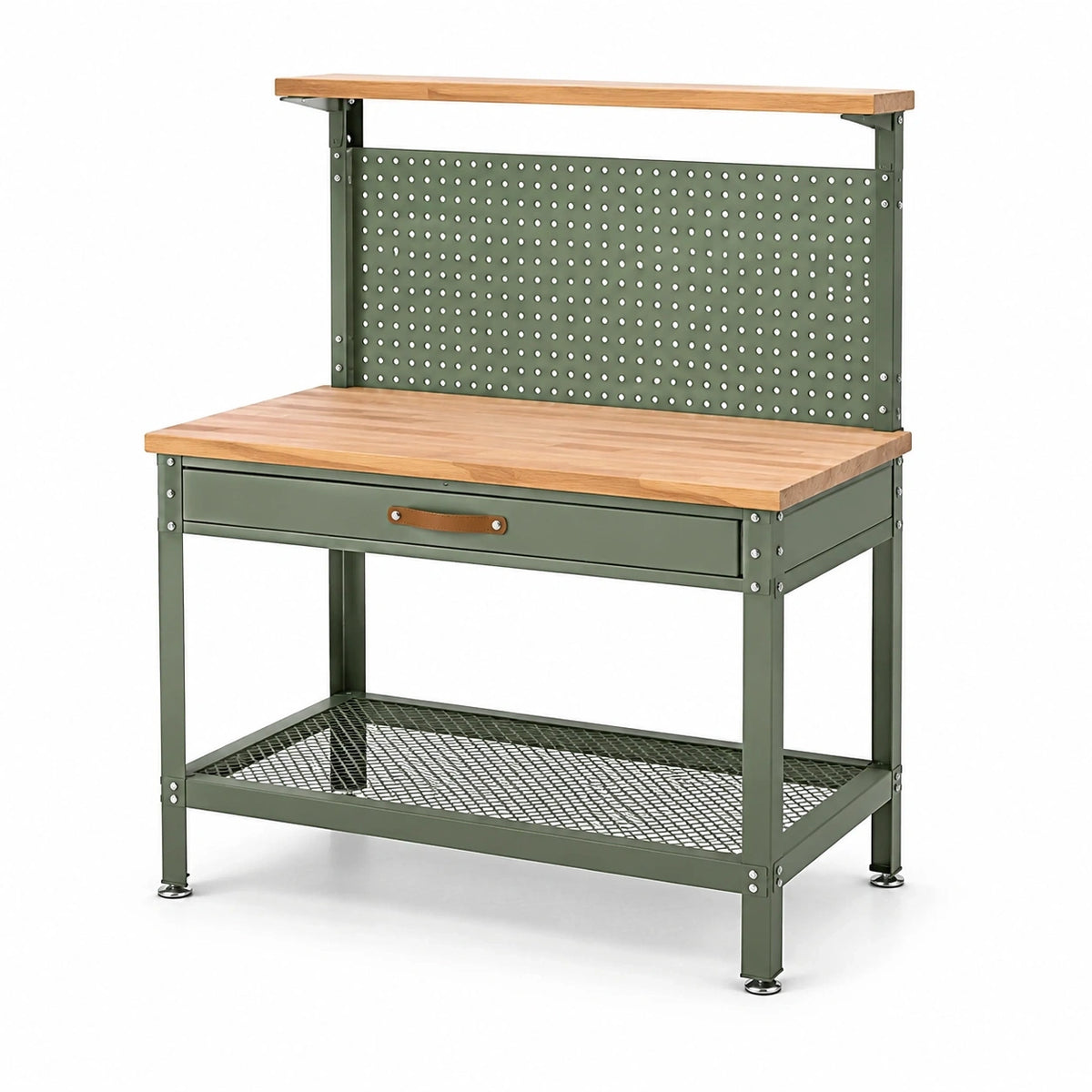 Werkbank aus Stahl und Holz, 120 × 60 × 160 cm, Olivgrün/Naturholz/Braun, mit Lochwand, Schublade und Ablagen